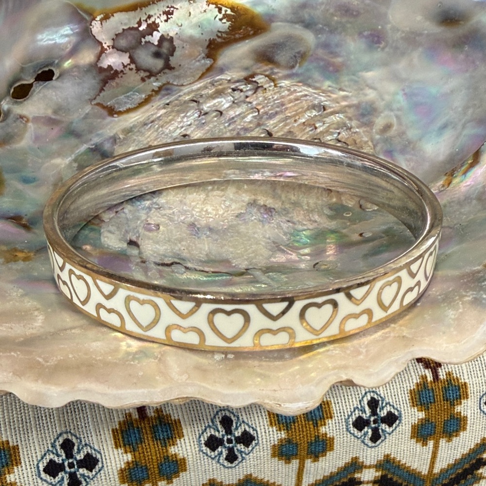 White and Silver Heart Enamel Bangle Bracelet - Women's Jewelry